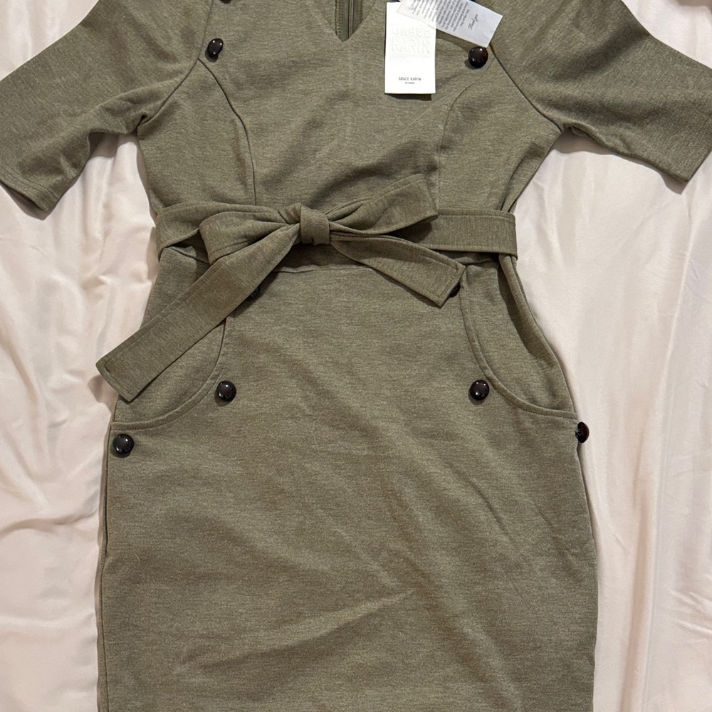 Grace Karin Green Khaki Midi Dress with Belt